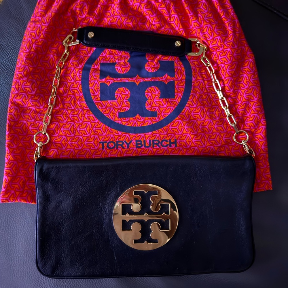 Tory Burch Leather shoulder bag- Chain handle or detach to use as clutch.